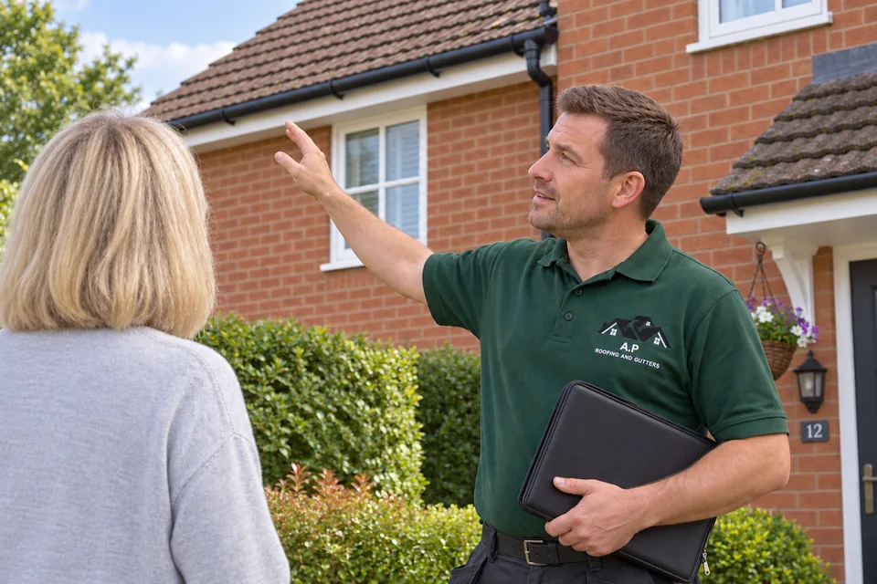 Roofing consultation outside a house