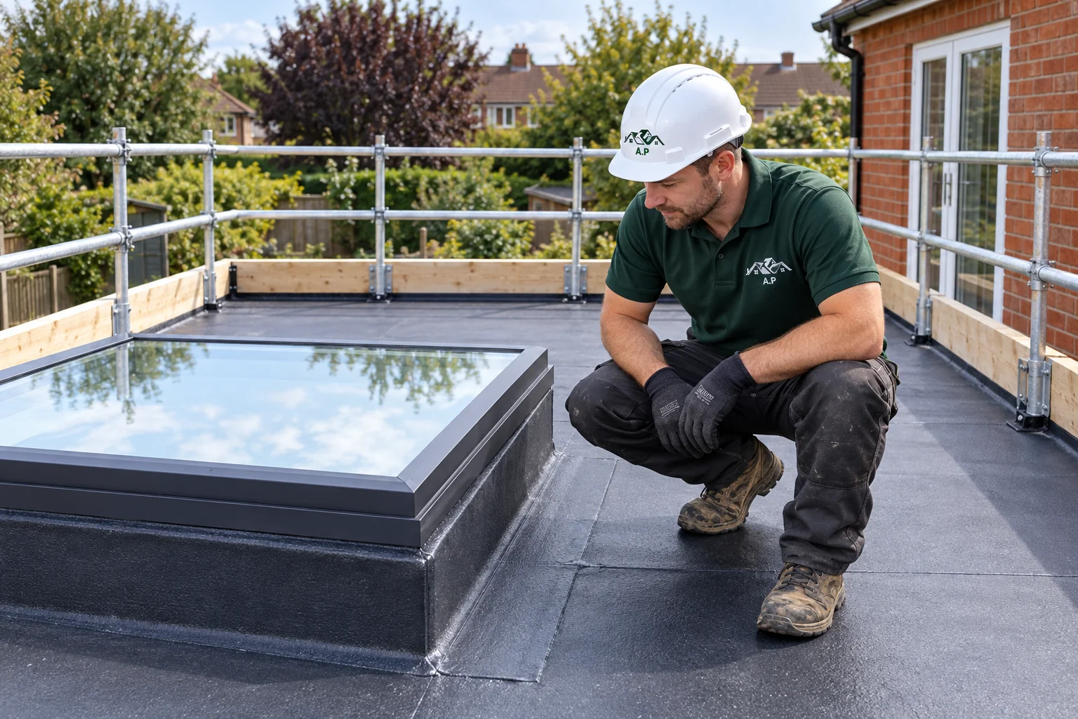 Roofer in green AP Roofing workwear inspecting a flat roof with edge protection