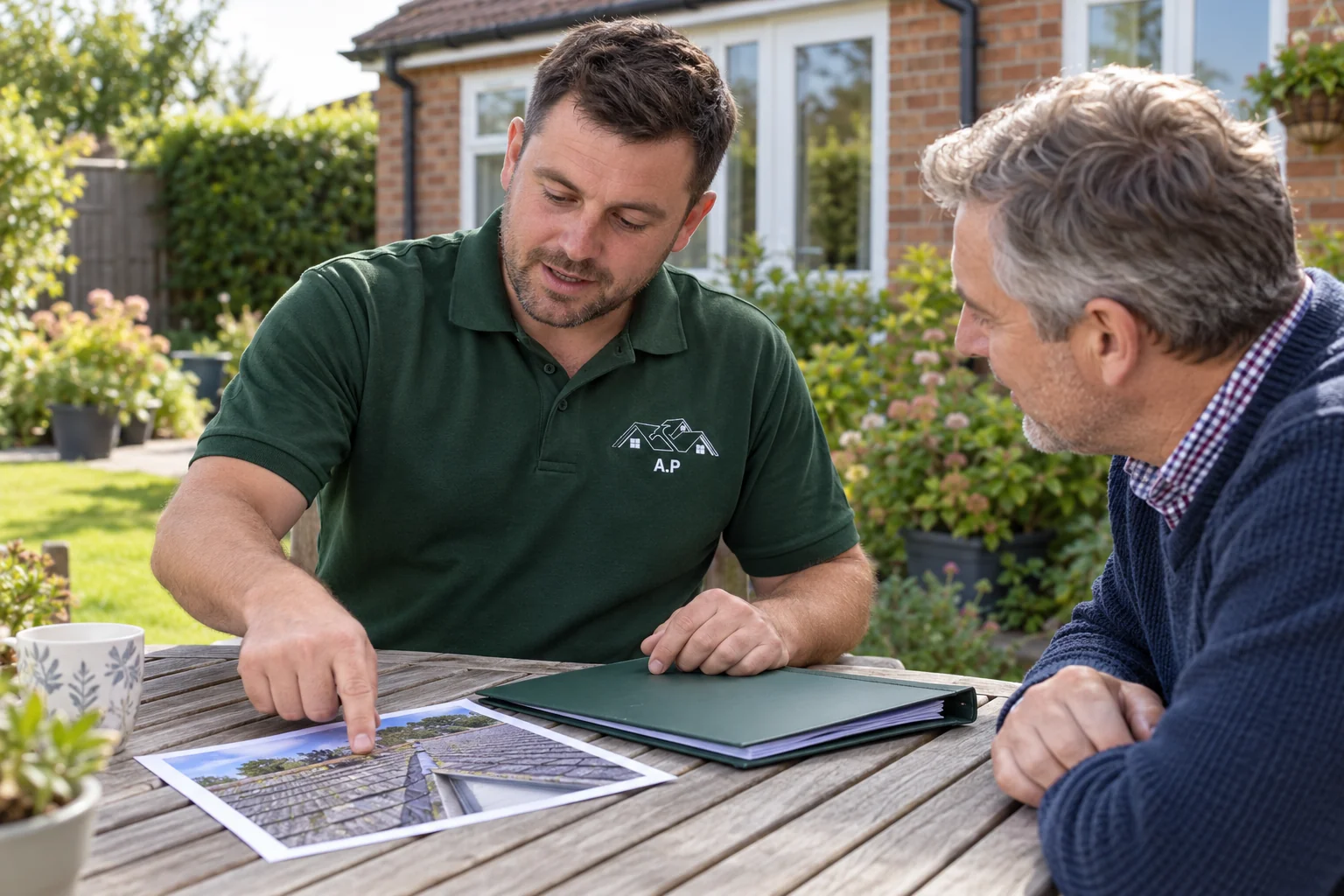 AP Roofing roofer reviewing roof details and paperwork at a work table