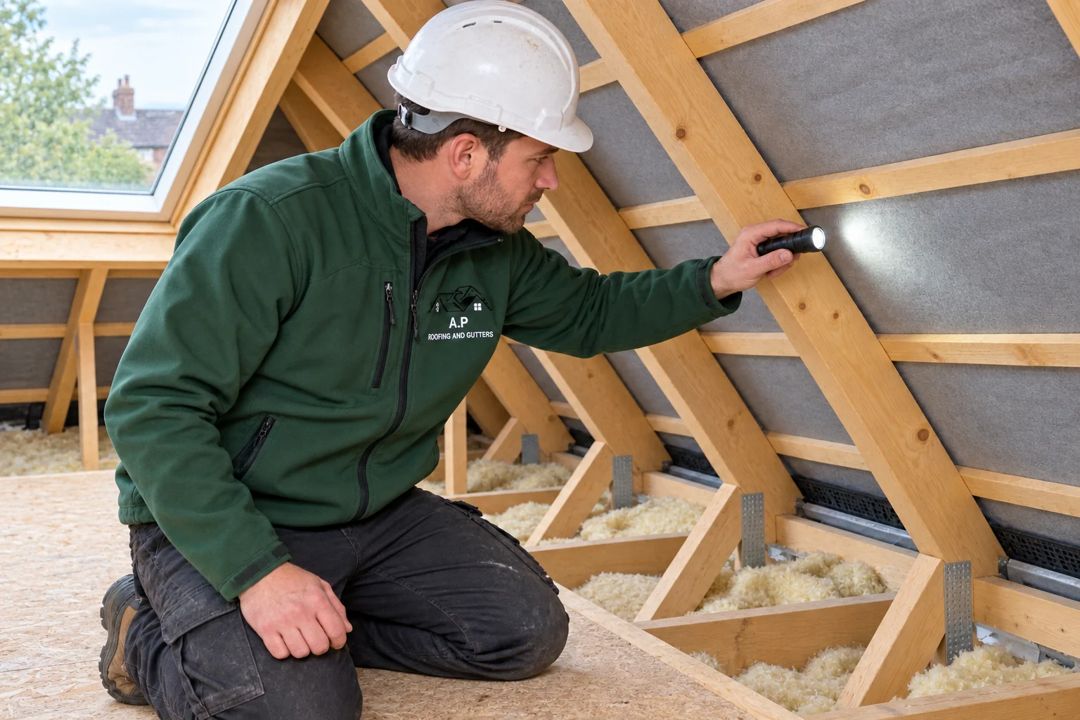 AP Roofing roofer inspecting timber and underlay from a boarded loft area