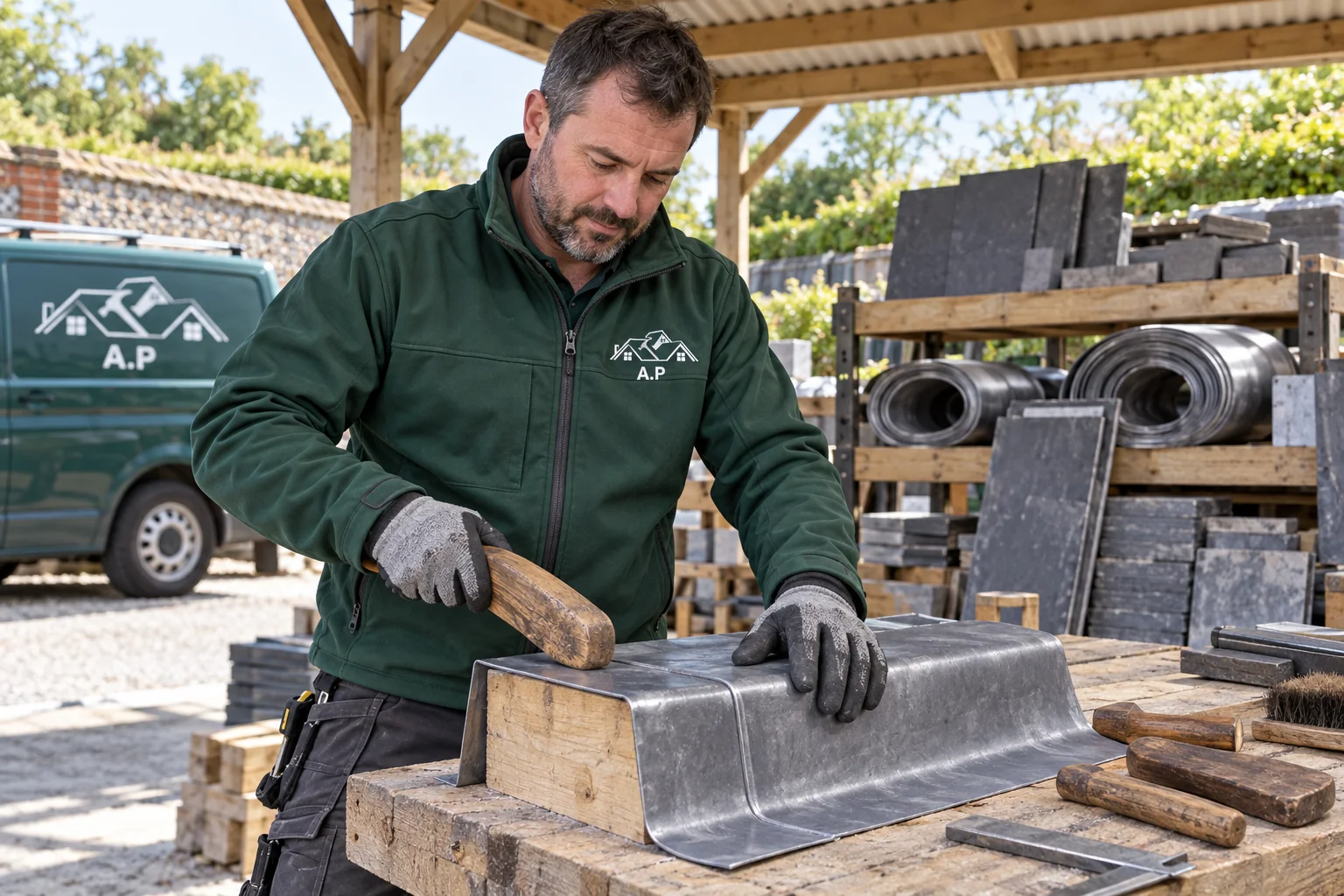 Roofer in an AP Roofing green jacket shaping lead at a workshop bench