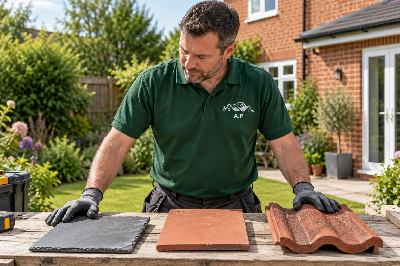 Roofer in an AP Roofing green shirt comparing roof tile samples at ground level