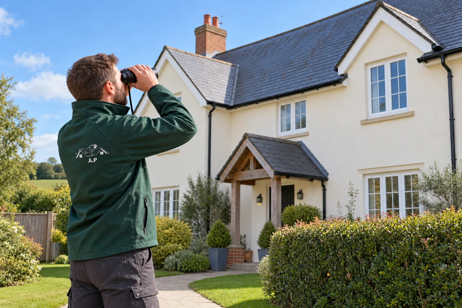 AP Roofing roofer observing a roof safely from the garden
