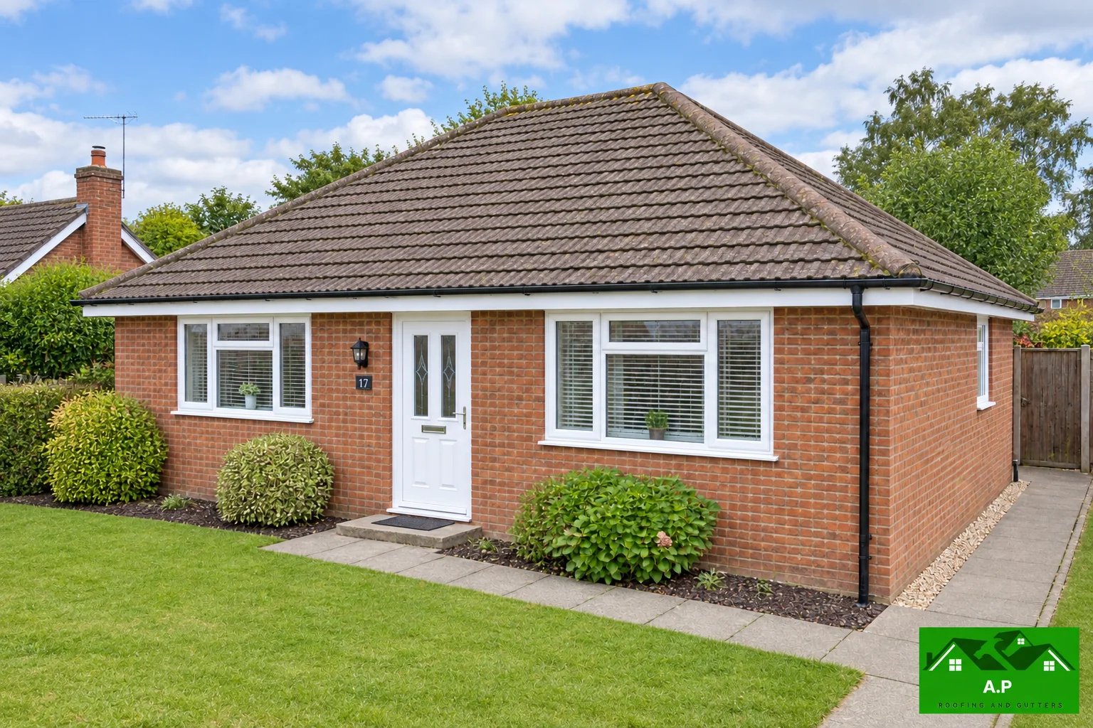 The bungalow roofline with white fascias and dark guttering