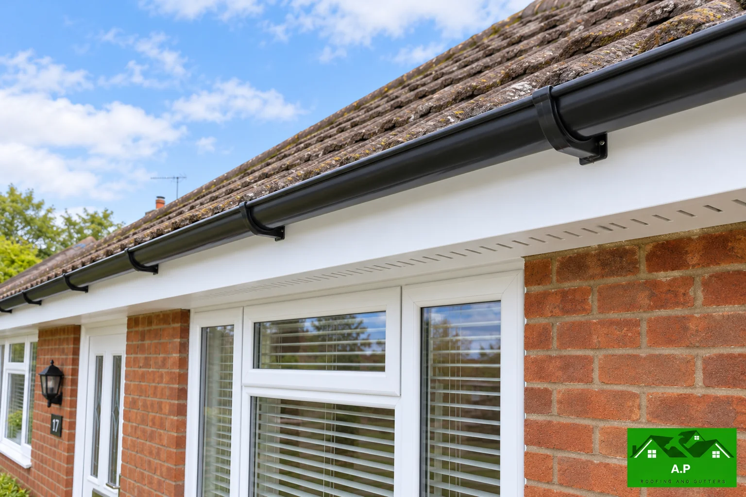 A close view of the soffit, fascia and gutter connection