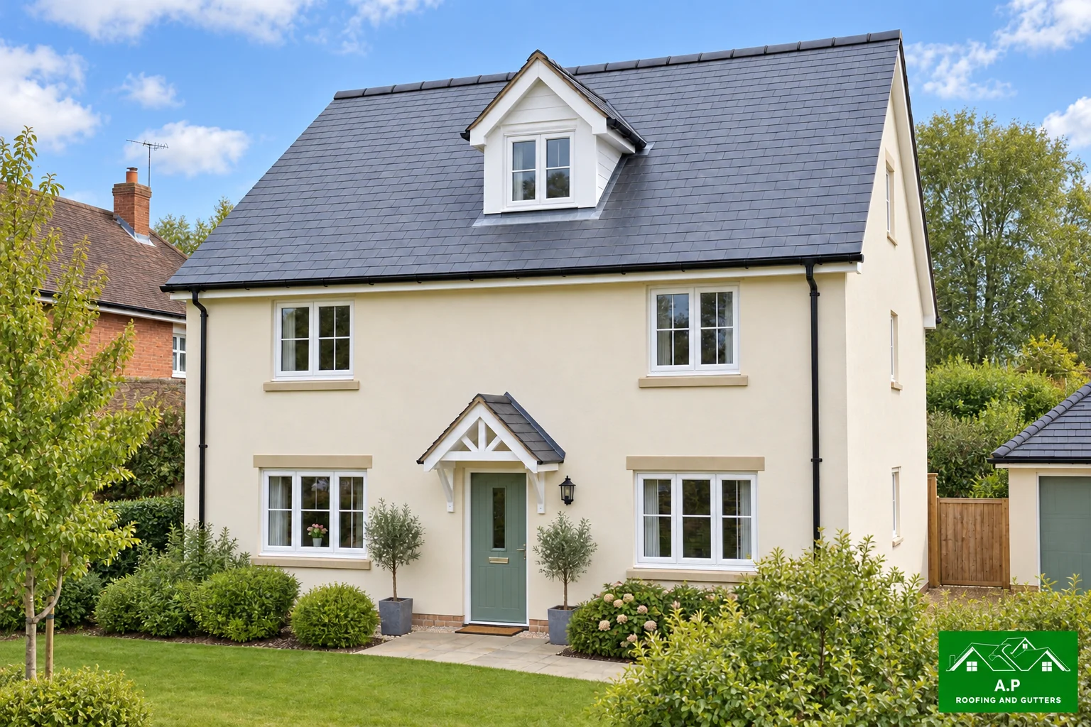 The completed slate roof on the cream-rendered house