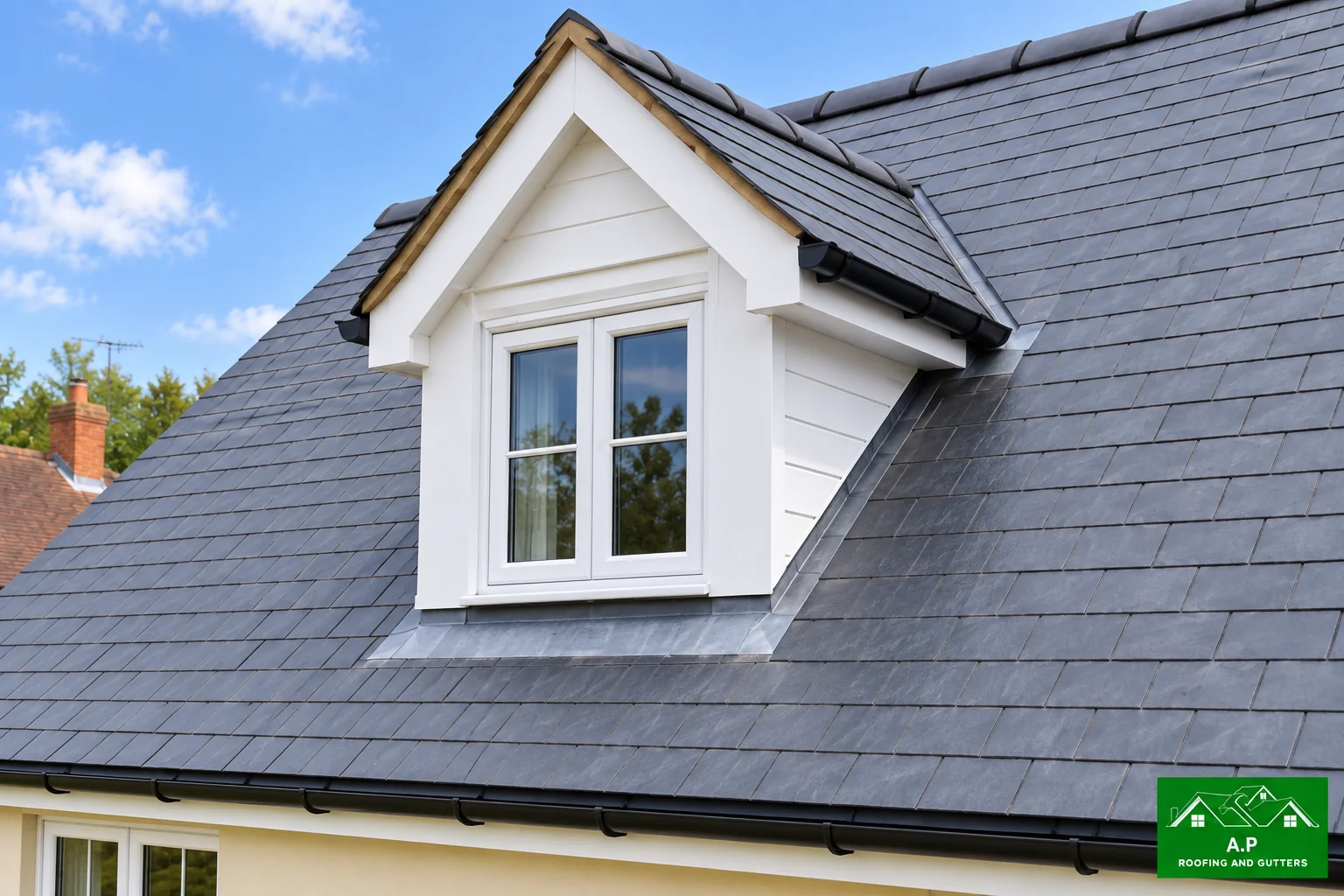Slate coursing and lead weathering beside the dormer