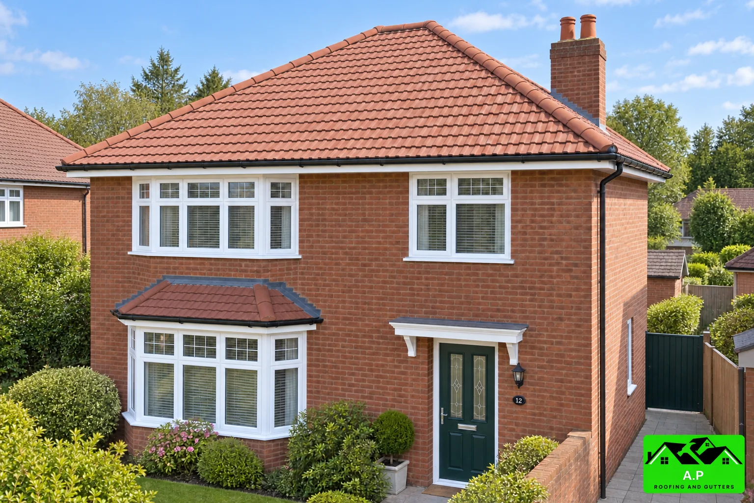 The renewed terracotta roof in the context of the brick elevation