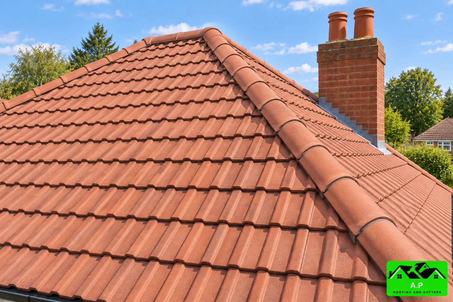 Regular tile courses meeting the ridge and hip detail