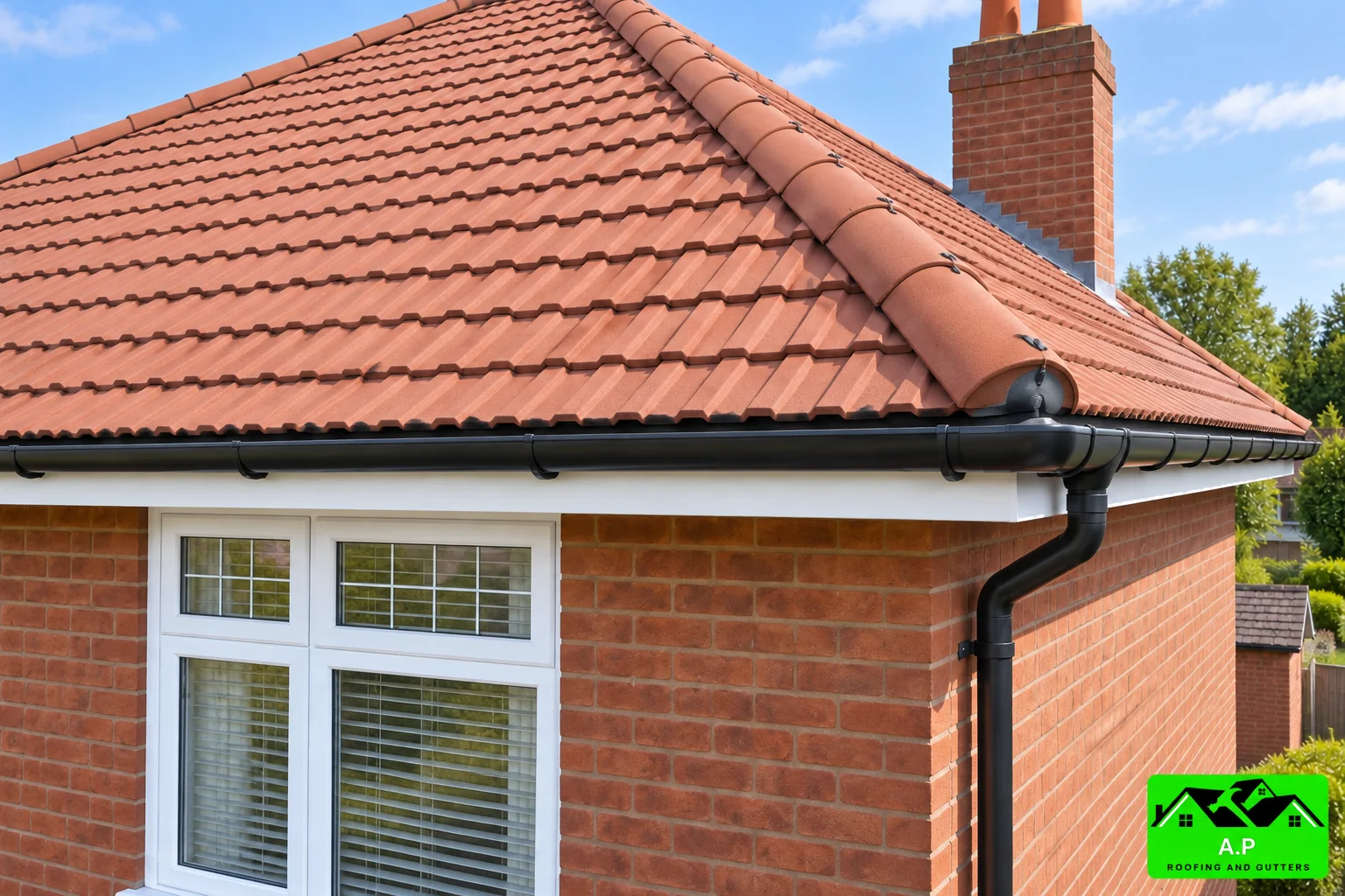 The eaves, white fascia and dark rainwater gutter