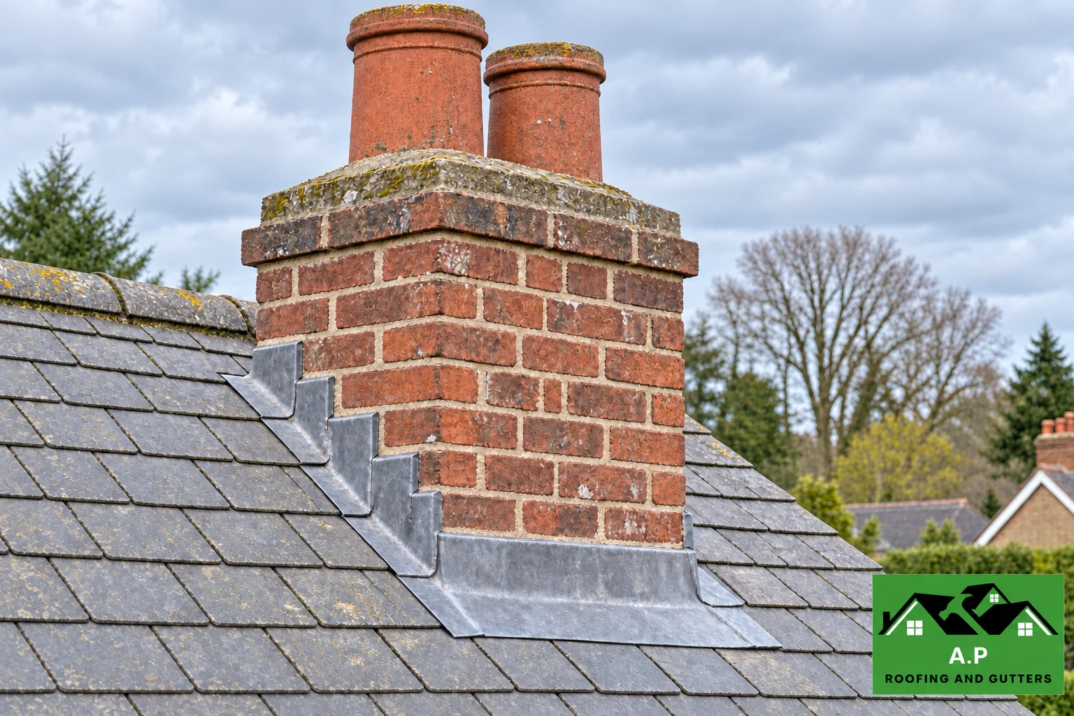 Brick chimney with clay pots and lead flashing where the stack meets the roof