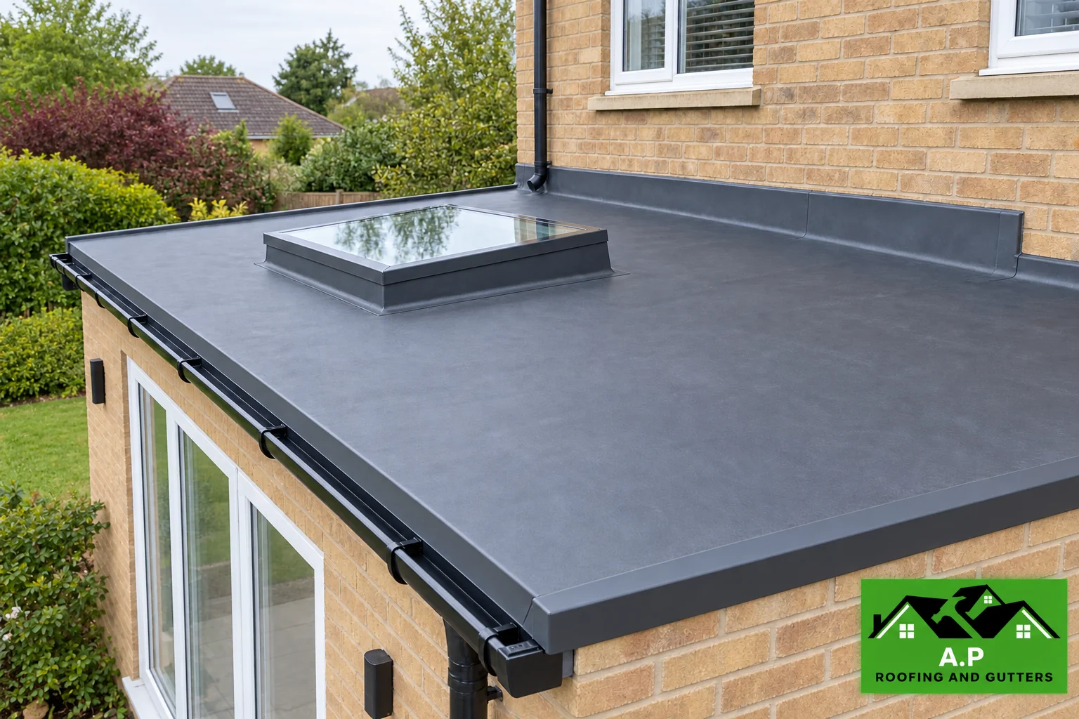 Flat extension roof with a dark membrane, raised rooflight and clean edge trims