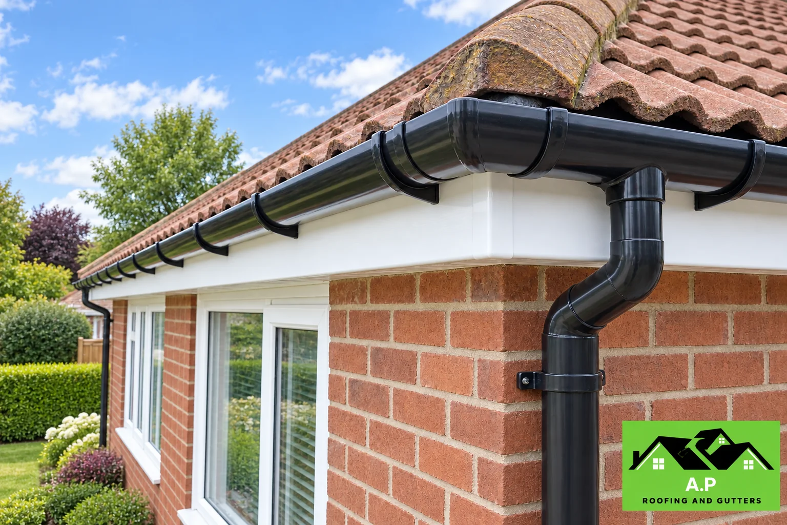 Dark guttering fixed along a white fascia with a clear downpipe connection