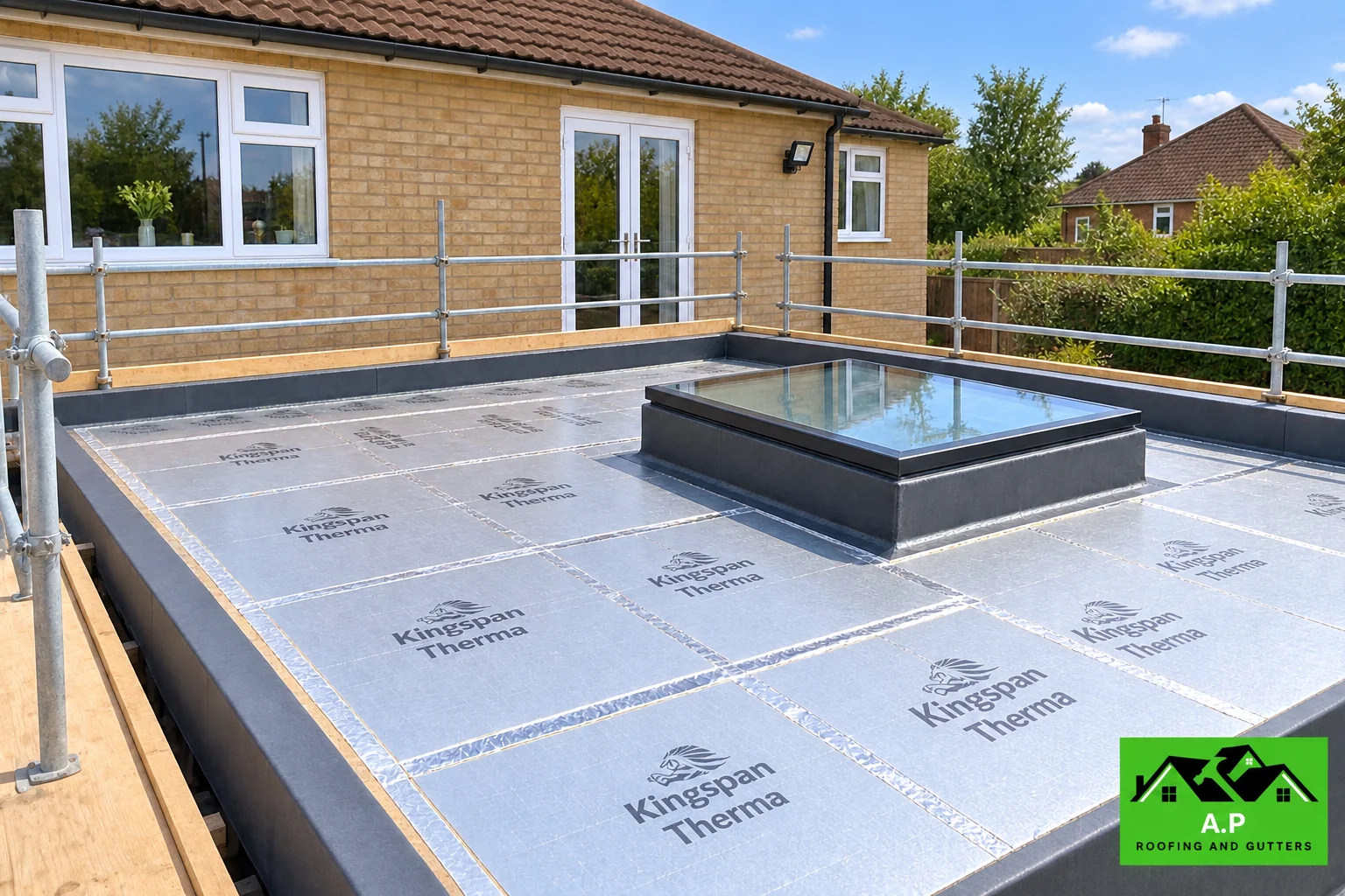 Rigid insulation boards fitted within a flat roof build-up before covering