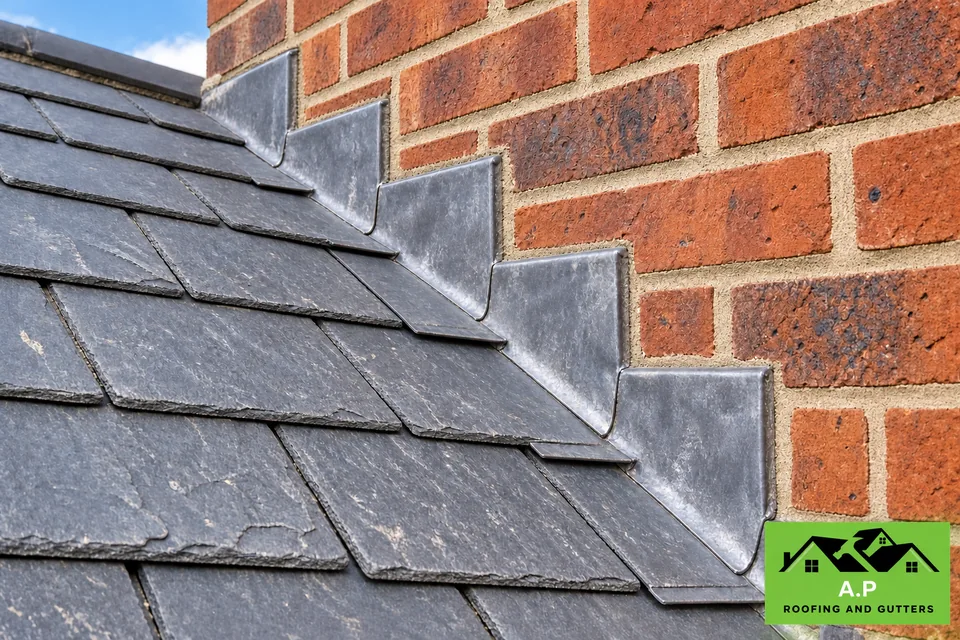 Stepped lead weathering where a slate roof meets a brick wall