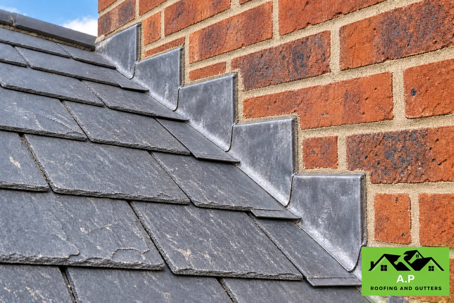 Stepped lead flashing formed against brickwork beside a slate roof