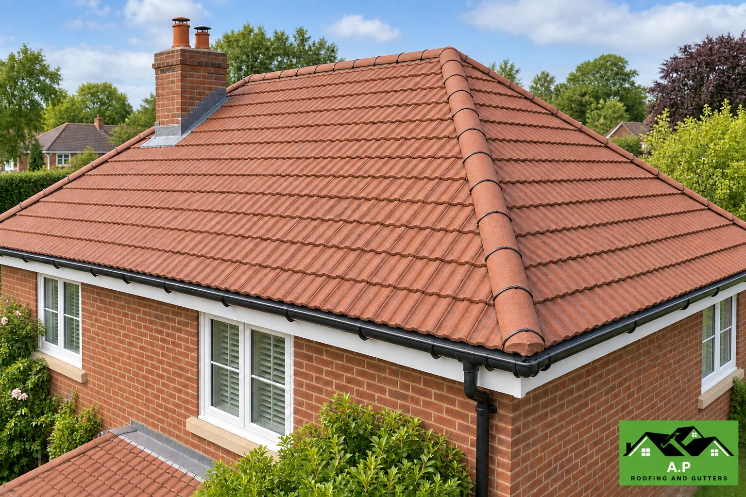 Tiled pitched roof with straight courses, a hip and a neatly finished ridge