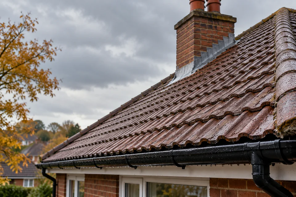 Tiled roof and chimney under a cold overcast sky after rain